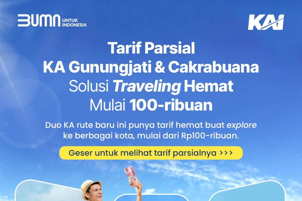 KAI Daop 3 Cirebon menghadirkan tarif parsial untuk Kereta Api Cakrabuana relasi Purwokerto-Cirebon-Gambir PP dan Kereta Api Gunungjati relasi Semarang Tawang Bank Jateng-Cirebon-Gambir PP